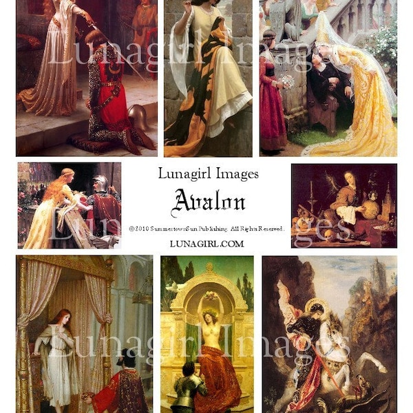 AVALON art digital collage sheet, vintage images medieval women goddess, King Arthur ladies fantasy magical altered crafts ephemera DOWNLOAD