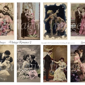 VINTAGE ROMANCE cyfrowy kolaż arkusz, zdjęcia wiktoriańskie Kochankowie romantyczne pary całujące się kobiety, kolorowe pocztówki Francuska sztuka efemerydalna POBIERZ