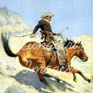 May include: An illustration of a cowboy riding a brown horse at a fast pace. The cowboy wears a white hat, dark shirt, and light pants. The horse is galloping across a sandy, mountainous terrain under a blue sky. The artwork has a vintage, painterly style.