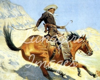 May include: An illustration of a cowboy riding a brown horse at a fast pace. The cowboy wears a white hat, dark shirt, and light pants. The horse is galloping across a sandy, mountainous terrain under a blue sky. The artwork has a vintage, painterly style.