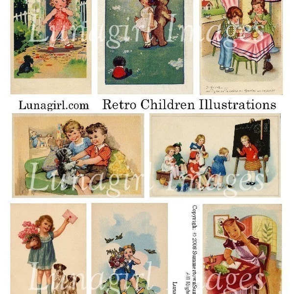 RETRO CHILDREN digital collage sheet, Mid-Century Kids, 1950s 1940s 1930s, illustraions books, altered art vintage images, Ephemera DOWNLOAD