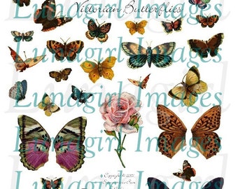 VICTORIAN BUTTERFLIES digital collage sheet, vintage images butterfly wings, nature garden pictures, printable altered art ephemera DOWNLOAD