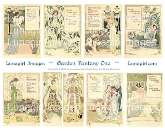 GARDEN FANTASY #1 digital collage sheet, flower fairies Victorian Art Nouveau Fairy Tales Walter Crane book vintage images ephemera DOWNLOAD