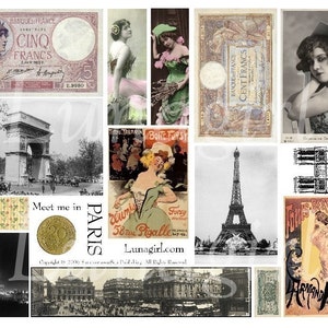 VINTAGE PARIS Ephemera hoja de collage digital, fotos vintage, Paris cabaret showgirls postales francesas, dinero antiguo Torre Eiffel, DESCARGAR