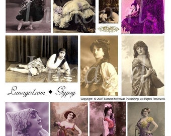 GYPSY digital collage sheet, vintage photos, women dancers gypsies, fortune tellers, tinted postcards images, altered art ephemera DOWNLOAD