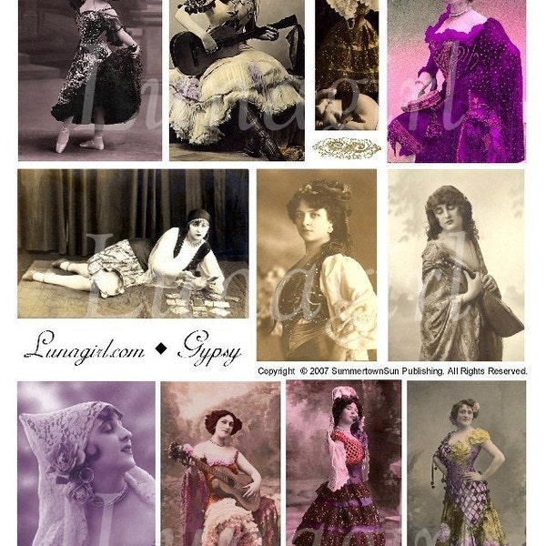 GYPSY digital collage sheet, vintage photos, women dancers gypsies, fortune tellers, tinted postcards images, altered art ephemera DOWNLOAD