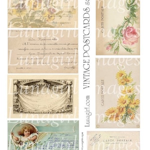 French VINTAGE POSTCARDS digital collage sheet Altered carte postale backgrounds flowers angel writing curtains art ephemera images DOWNLOAD