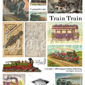 May include: A collage of vintage train illustrations and ephemera. The images feature steam locomotives, a map, and a trolley car adorned with flowers. Text includes "Train Train", "Way Ahead", and "American Baden Baden Illustrated".