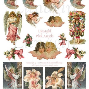 PINK ANGELS digital collage sheet, Victorian cards Vintage art, cherubs flowers moon, Christmas Victorian angels girls, ephemera DOWNLOAD