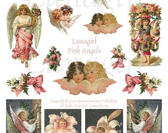 PINK ANGELS digitaal collageblad, Victoriaanse vintage afbeeldingen kaarten, veranderde kunst versieringen efemere benodigdheden ambachten bloemen maan DOWNLOAD