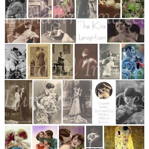 KISS digitale collage blad VINTAGE foto's, romantische koppels, Franse ansichtkaarten, Victoriaanse vrouwen mannen flappers liefhebbers zoenen ephemera DOWNLOAD
