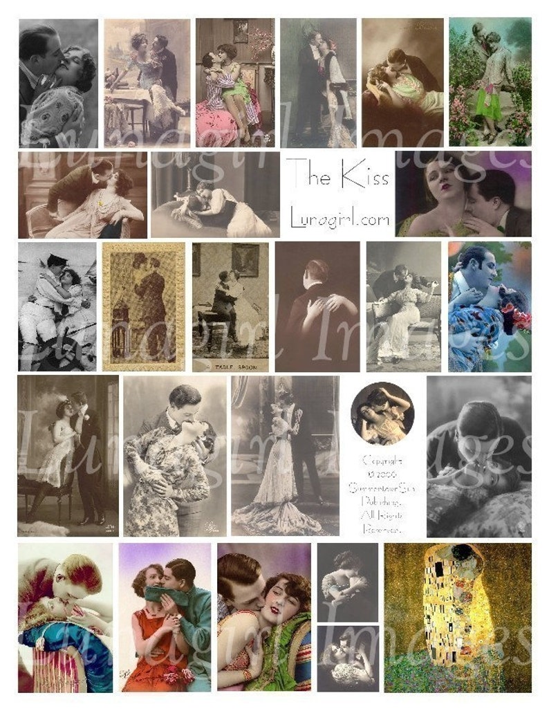 KISS digital collage sheet VINTAGE photos, romantic couples, French postcards, Victorian women men flappers lovers kissing ephemera DOWNLOAD image 1