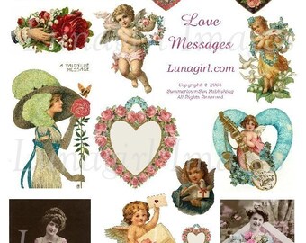 Vintage LOVE MESSAGES digital collage sheet, Victorian Valentines, blank tags cards art, cupid hearts angels ladies roses, ephemera DOWNLOAD