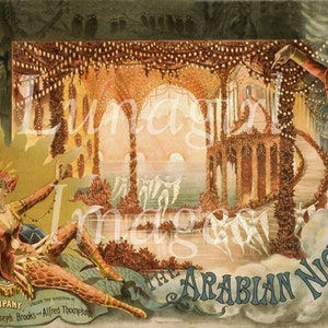 Pu&ograve; includere: Poster vintage per "Le mille e una notte" con una donna in costume gioiellato che tiene in mano una lampada, con una scena teatrale sullo sfondo. Il poster include il testo per l'Imperial Burlesque Company e i nomi di Joseph Brooks e Alfred Thompson.