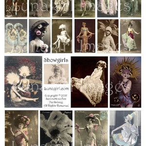 VINTAGE SHOWGIRLS hoja de collage digital, postales francesas, Belle Epoque Paris cabaret fotos arte trajes de mujer victoriana, efímera DESCARGAR