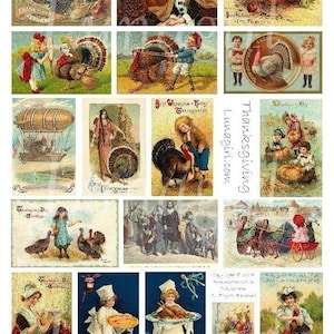 VINTAGE THANKSGIVING digital collage sheet, Victorian cards, antique postcards tags, Turkeys Pilgrims Children, Autumn Art Ephemera DOWNLOAD