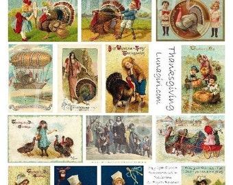 VINTAGE THANKSGIVING digital collage sheet, Victorian cards, antique postcards tags, Turkeys Pilgrims Children, Autumn Art Ephemera DOWNLOAD