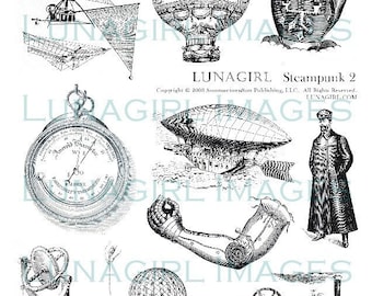 STEAMPUNK digital collage sheet, Vintage Images, VICTORIAN Watch Air Balloon science Oddities, Black & White art drawings, ephemera DOWNLOAD