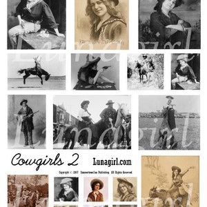 May include: A collage of vintage black and white photographs featuring cowgirls. The images depict women in cowboy hats, some riding horses, and others posing with guns. The text "Cowgirls 2" and "Lunagirl.com" are visible.