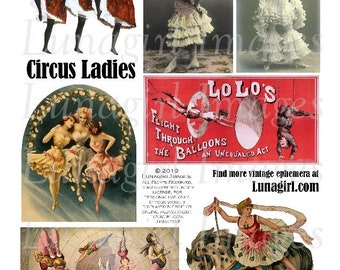 Vintage CIRCUS LADIES, digital collage sheet, Victorian women, acrobats dancers clowns showgirls, antique steampunk art, ephemera DOWNLOAD