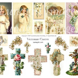 VICTORIAN EASTER digital collage sheet, vintage images, religious angels crosses Christian cards lilies roses, altered art ephemera DOWNLOAD
