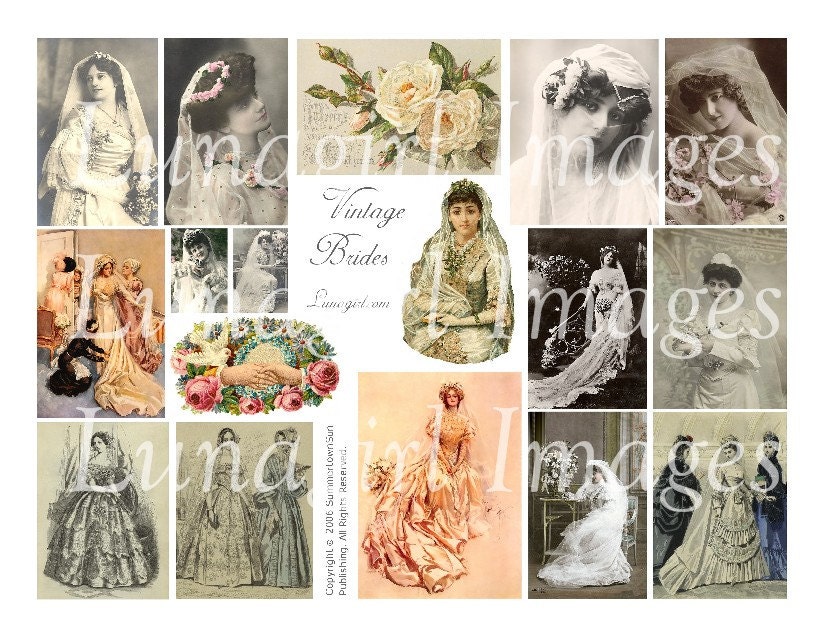 VINTAGE BRIDES hoja de collage digital, tarjetas de fotos de bodas victorianas, imágenes de mujeres velos de novia, flores de dama rosas arte efímera DESCARGAR