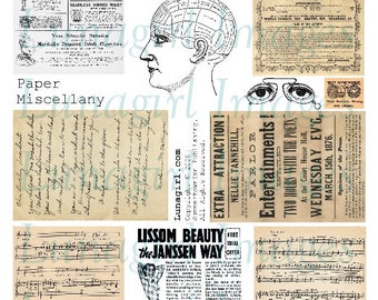 Vintage PAPER MISCELLANY digital collage sheet text handwriting Victorian ads music letters eyes phrenology head printable ephemera DOWNLOAD