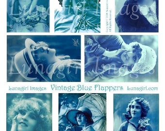 BLUE FLAPPERS digital collage sheet, Vintage Photos, 1920s women flirty girls, tinted French postcards, antique images art ephemera DOWNLOAD