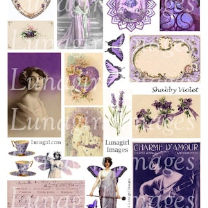 SHABBY VIOLET purple digital collage sheet, Lavender vintage images, antique Carte Postale cards, wings women, altered art ephemera DOWNLOAD