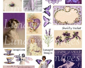 May include: A collage of vintage-style images in shades of purple and cream. Includes a heart-shaped design, a woman in a gown, butterflies, floral elements, teacups, and text that reads "Lunagirl" and "Shabby Violet".