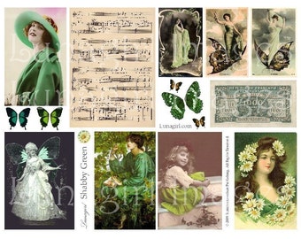 SHABBY GREEN digital collage sheet, Vintage Images Photos ladies, wings handwriting, St Patricks Day printable altered art ephemera DOWNLOAD