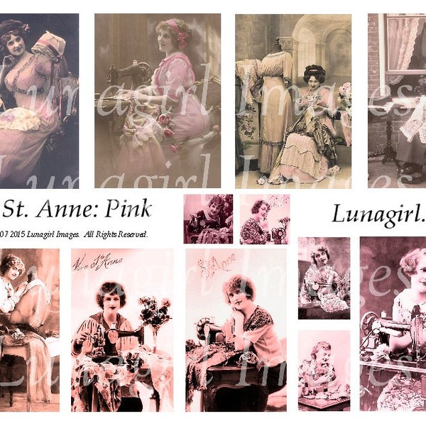 Pink SEWING LADIES digital collage sheet, vintage photos St Anne French postcards Victorian seamstress sewists altered art ephemera DOWNLOAD