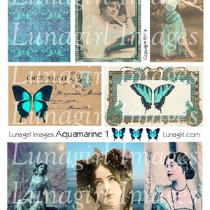 AQUAMARINE digital collage sheet, turquoise BLUE vintage images, wings women frames fantasy printable altered art, antique ephemera DOWNLOAD