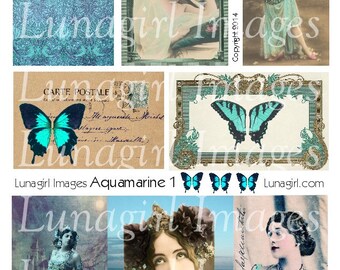 AQUAMARINE digital collage sheet, turquoise BLUE vintage images, wings women frames fantasy printable altered art, antique ephemera DOWNLOAD