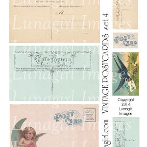 Shabby French VINTAGE POSTCARDS digital collage sheet carte postale backgrounds angel moons, Paris ephemera, altered art printables DOWNLOAD