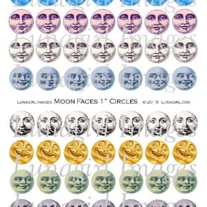 Man in the MOON FACES 1-inch Circles, digital collage sheet, Victorian vintage images, jewelry charms bottlecaps pendants, ephemera DOWNLOAD