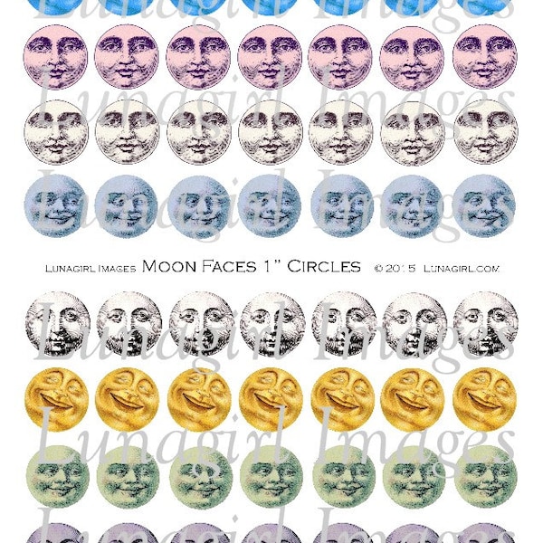 Man in the MOON FACES 1-inch Circles, digital collage sheet, Victorian vintage images, jewelry charms bottlecaps pendants, ephemera DOWNLOAD