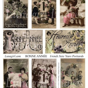 French NEW YEAR digital collage sheet, vintage photos Victorian cards winter holidays women children antique postcards ephemera art DOWNLOAD