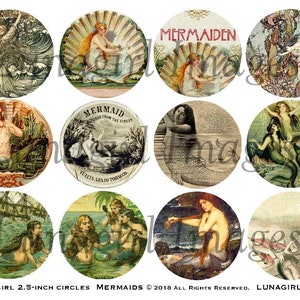 Vintage Meerjungfrauen digitale Collage Blatt 2,5-Zoll-Kreise, viktorianische Fantasy Sirenen Meeresnymphen Ozeangöttin Märchen Kunst Ephemera DOWNLOAD