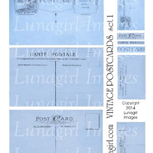 Blue VINTAGE POSTCARDS, digital collage sheet, blank carte postale backgrounds, French postcards, Paris altered art cards, ephemera DOWNLOAD