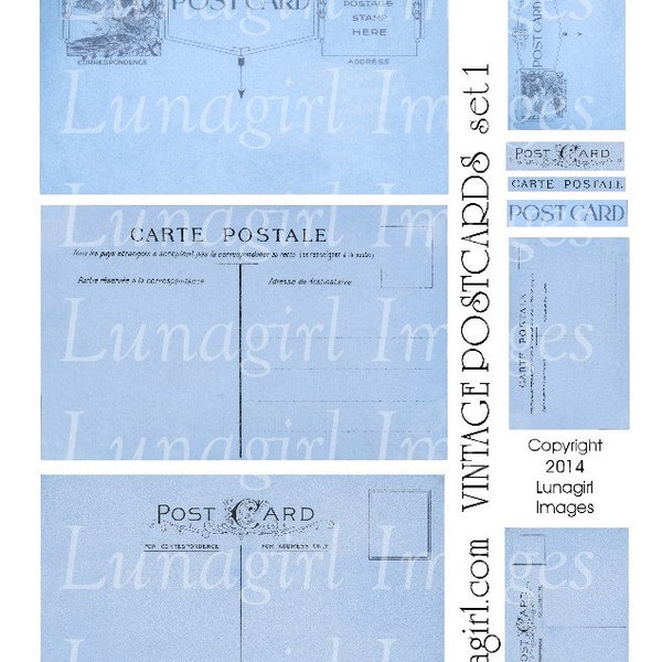 Blue VINTAGE POSTCARDS, digital collage sheet, blank carte postale backgrounds, French postcards, Paris altered art cards, ephemera DOWNLOAD
