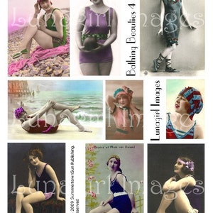 BATHING BEAUTIES digital collage sheet, Vintage Photos Flappers women seashore bathing suits ladies, postcards altered art Ephemera DOWNLOAD