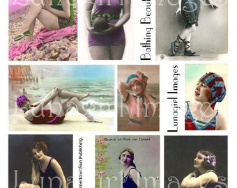 BATHING BEAUTIES digital collage sheet, Vintage Photos Flappers women seashore bathing suits ladies, postcards altered art Ephemera DOWNLOAD