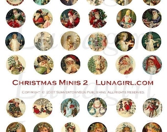 May include: A sheet of circular Christmas-themed images. The images feature vintage illustrations of Santa Claus, children, angels, and winter scenes. The color palette includes red, green, white, and gold. The text "Christmas Minis 2 Lunagirl.com" is visible.