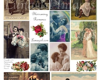 VICTORIAN ROMANCE digital collage sheet, kissing couples flowers, vintage images postcards, altered art Romantic men women ephemera DOWNLOAD