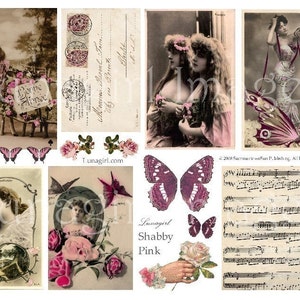 SHABBY PINK digitale Collage Blatt, Französisch Vintage Fotos verändert Kunst Musik Handschrift Frauen Schmetterling Flügel carte Postale Ephemera DOWNLOAD