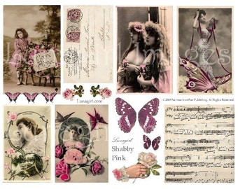 SHABBY PINK digital collage sheet, French vintage photos altered art music handwriting women butterfly wings carte postale Ephemera DOWNLOAD