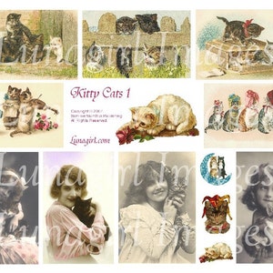 Feuille de collage numérique VINTAGE CATS, cartes d'art victoriennes, photos vintage, animaux de compagnie chatons petites filles, chats rigolos modifiés art éphémère TÉLÉCHARGEMENT