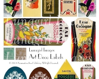 Digitalt collageark med art déco-etiketter, vintage-parfym-tvåletiketter, eleganta franska Paris-etiketter, vintagebilder, förändrad konst, Ephemera-nedladdningar