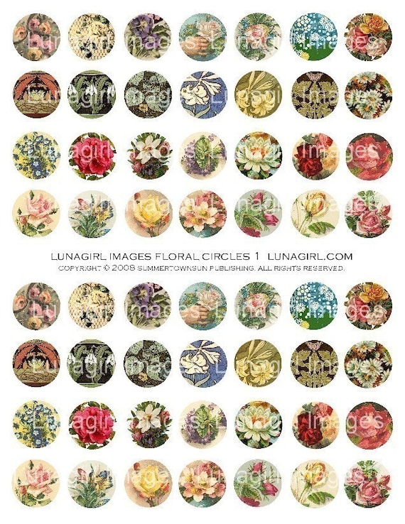 FLOWER CIRCLES bottlecaps digital collage sheet Vintage charms jewelry round pendants minis antique Victorian roses floral ephemera DOWNLOAD
